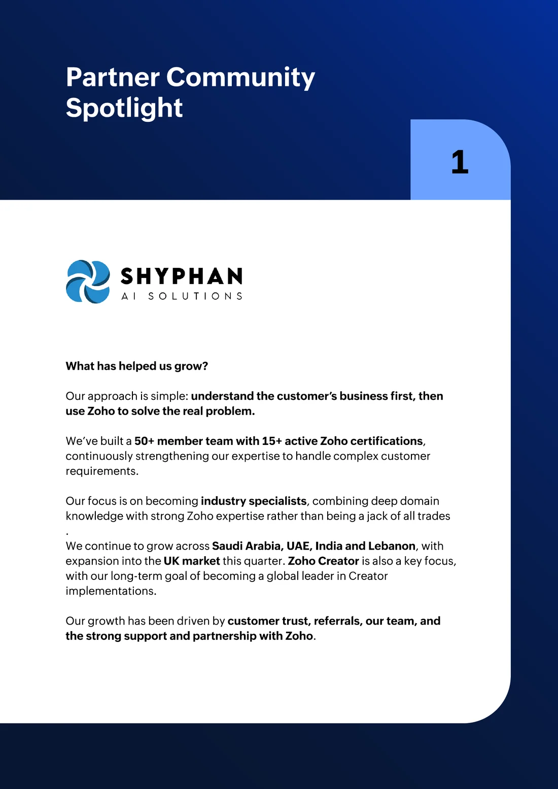 Zoho Partner Times Q3 2026, Partner Community Spotlight 1: Shyphan AI Solutions, answering what has helped us grow