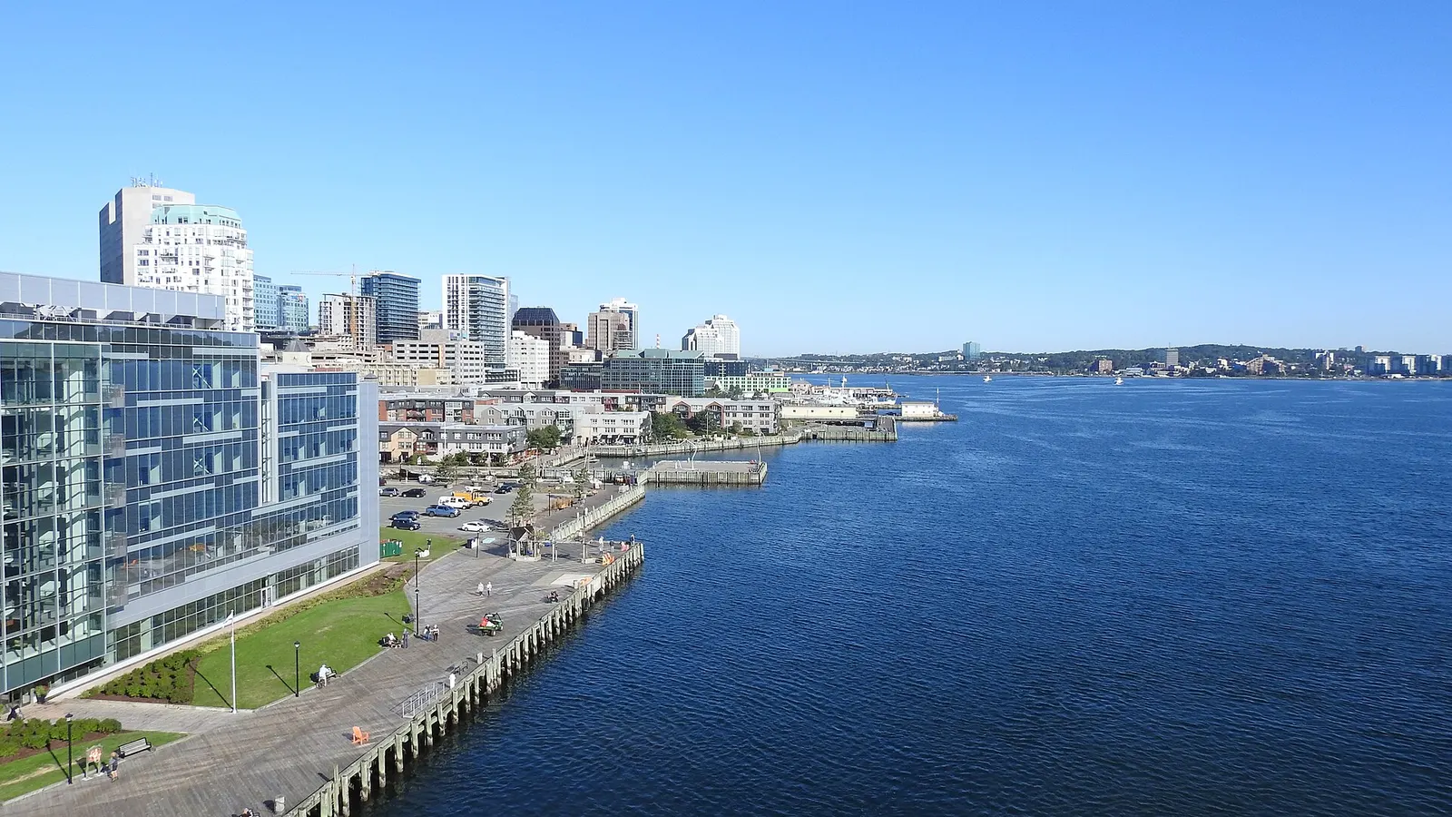 The Halifax waterfront boardwalk and harbour on a summer day