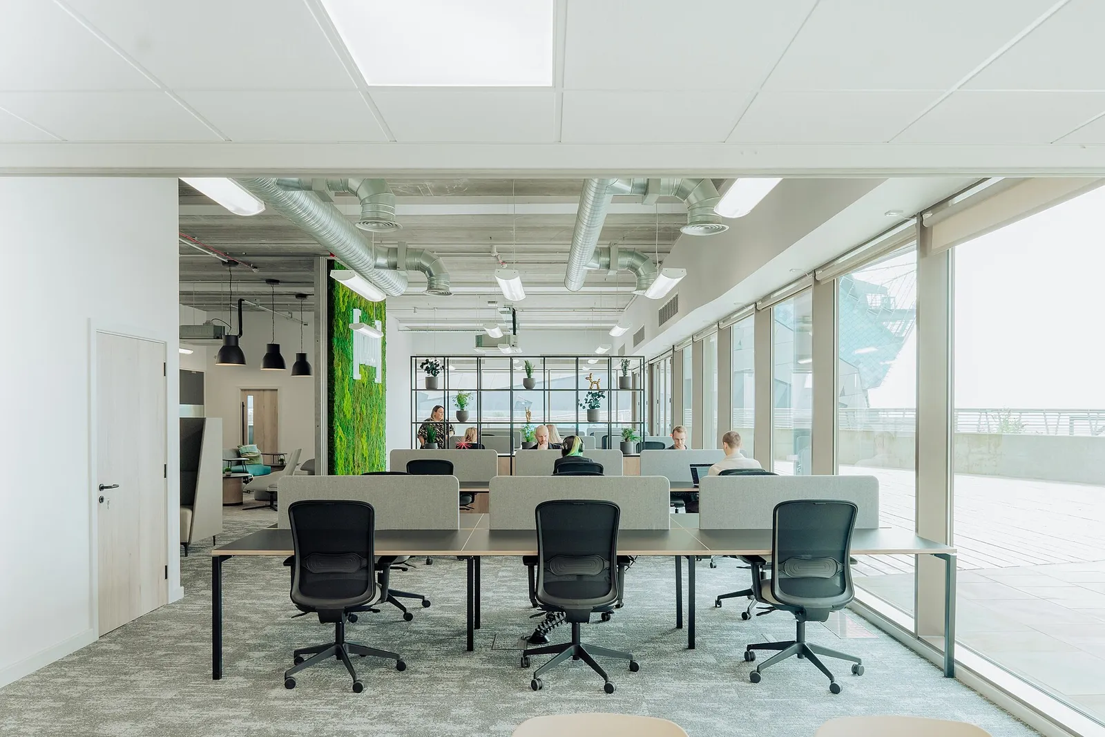 Bright coworking space with shared desks and office chairs