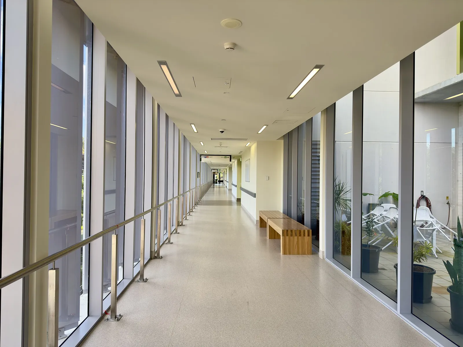 Bright glazed corridor in a modern hospital