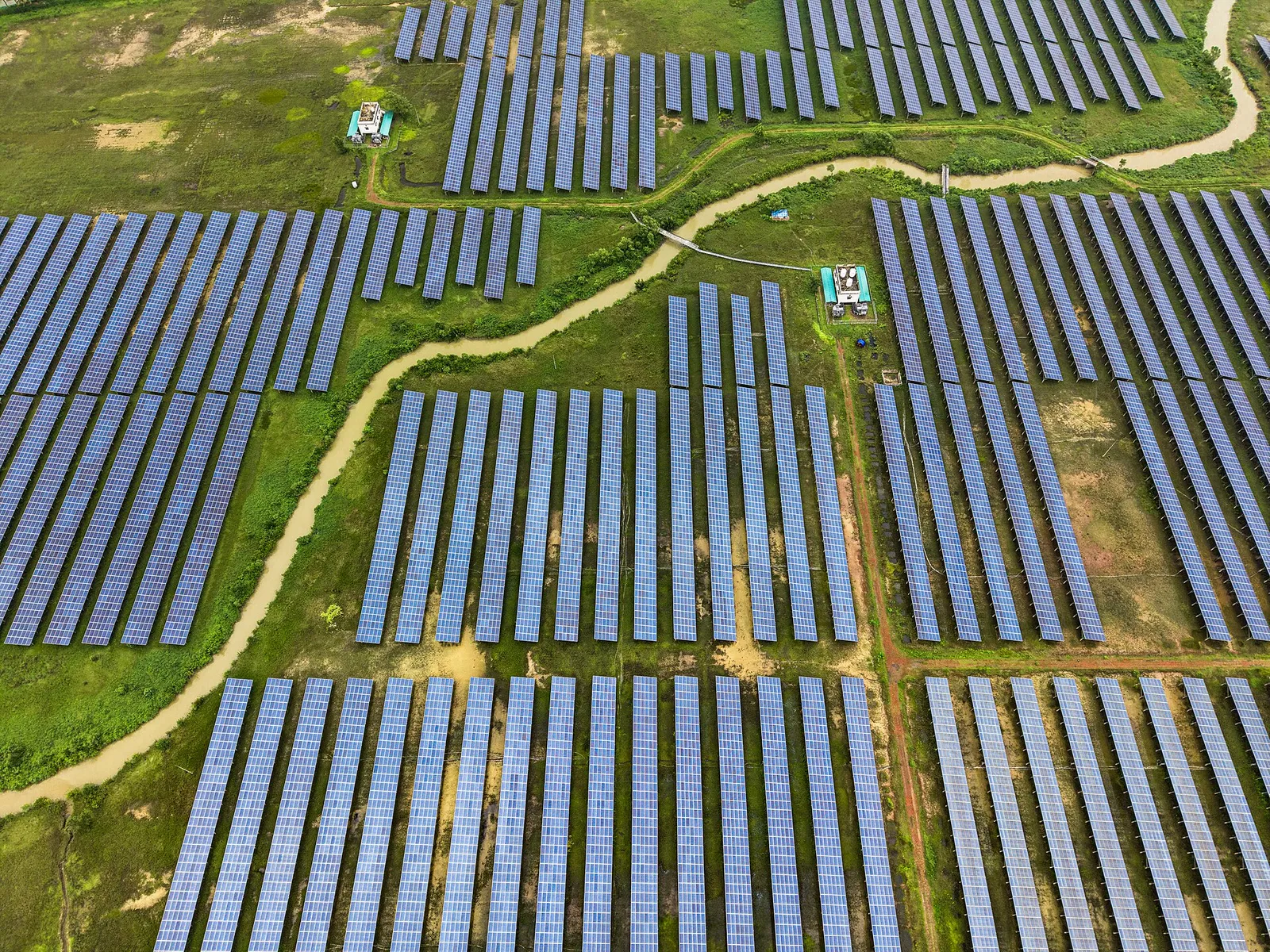 Aerial view of rows of solar photovoltaic panels