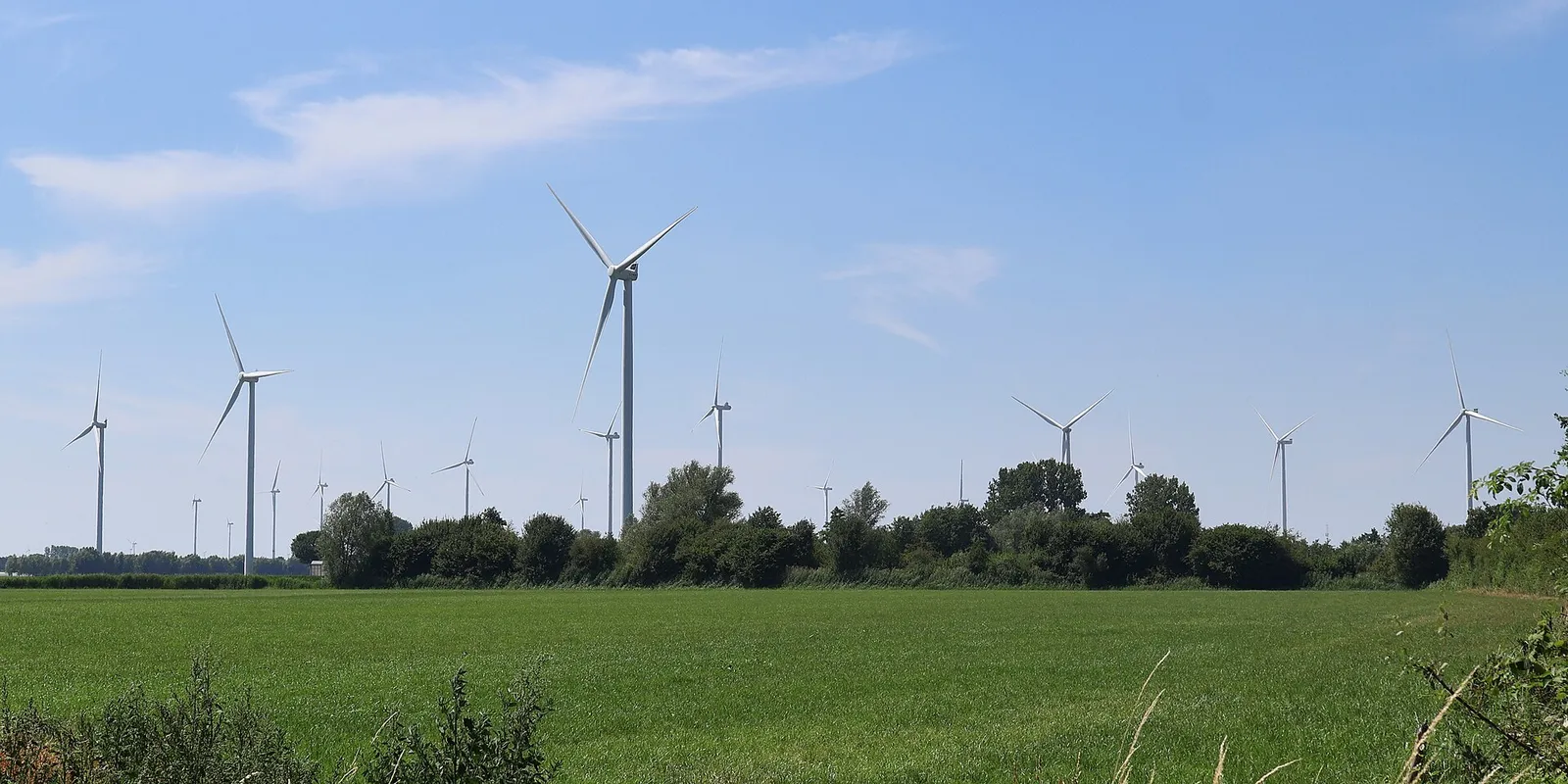 Wind turbines on a wind farm beyond green fields