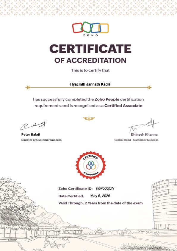Hyacinth Kadri - Zoho People Certified Associate (Zoho certification)