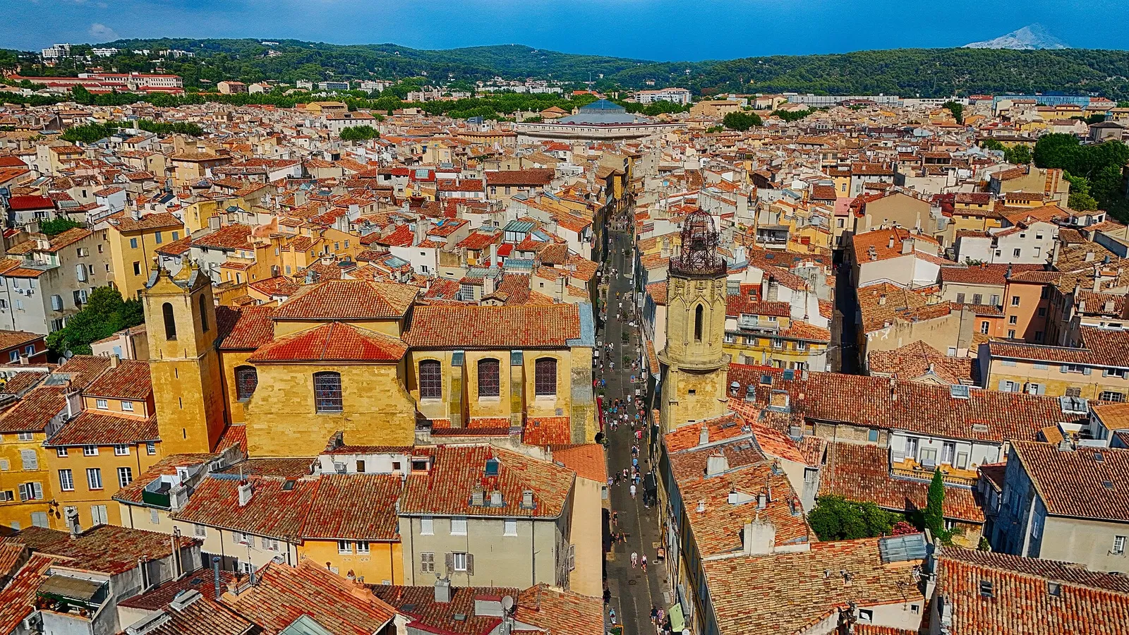 Aerial view of the old-town rooftops and streets of Aix-en-Provence