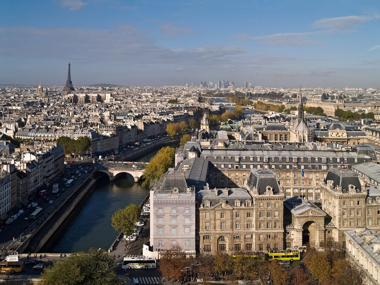 Paris and the Seine seen from the towers of Notre-Dame, with the Eiffel Tower on the skyline