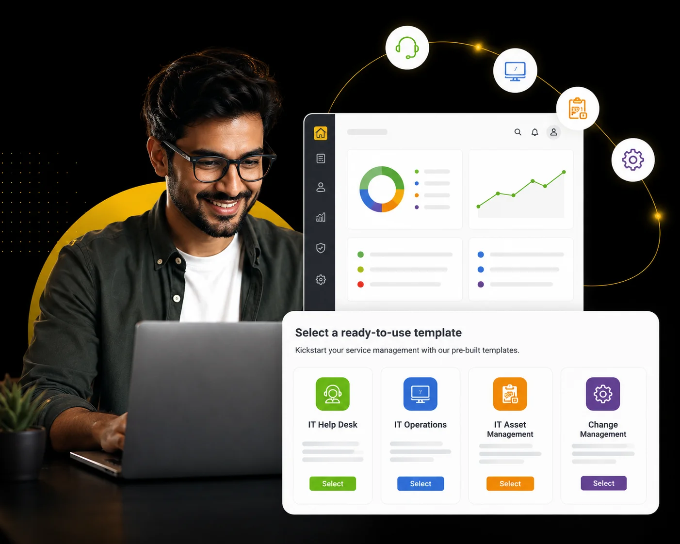 ManageEngine ServiceDesk Plus dashboard with ready-to-use IT templates