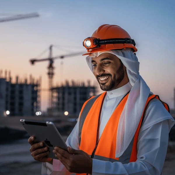 Saudi engineer reviewing live factory production data on a tablet