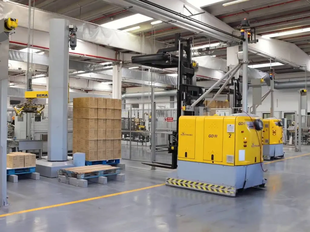Automated factory machinery and palletizing line