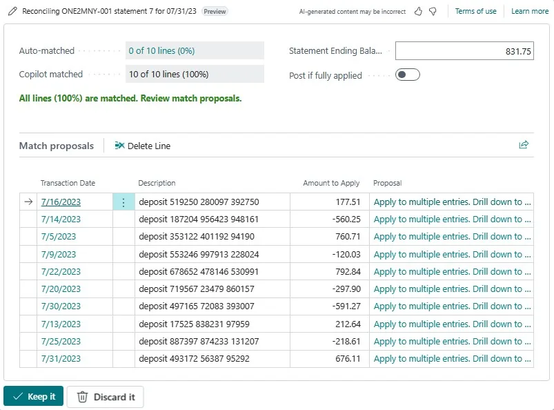 Bank reconciliation with Copilot in Business Central (product screenshot)