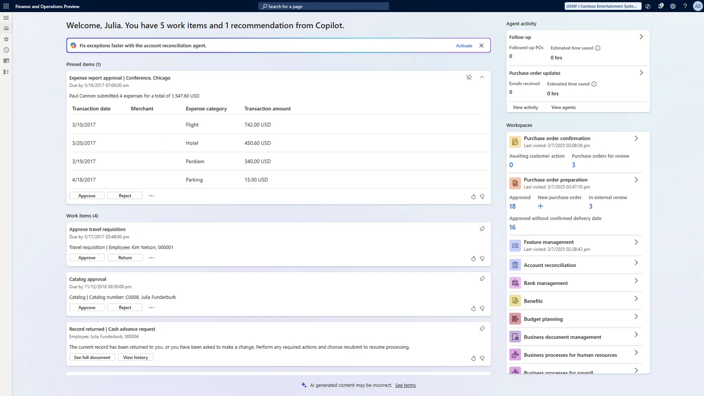 The Copilot home page in Finance and Operations