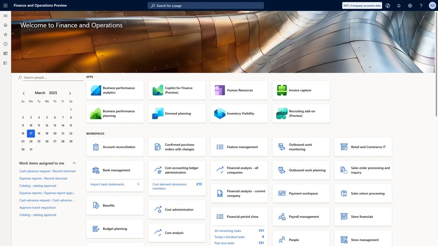 Workspaces in Dynamics 365 Finance and Operations (product screenshot)