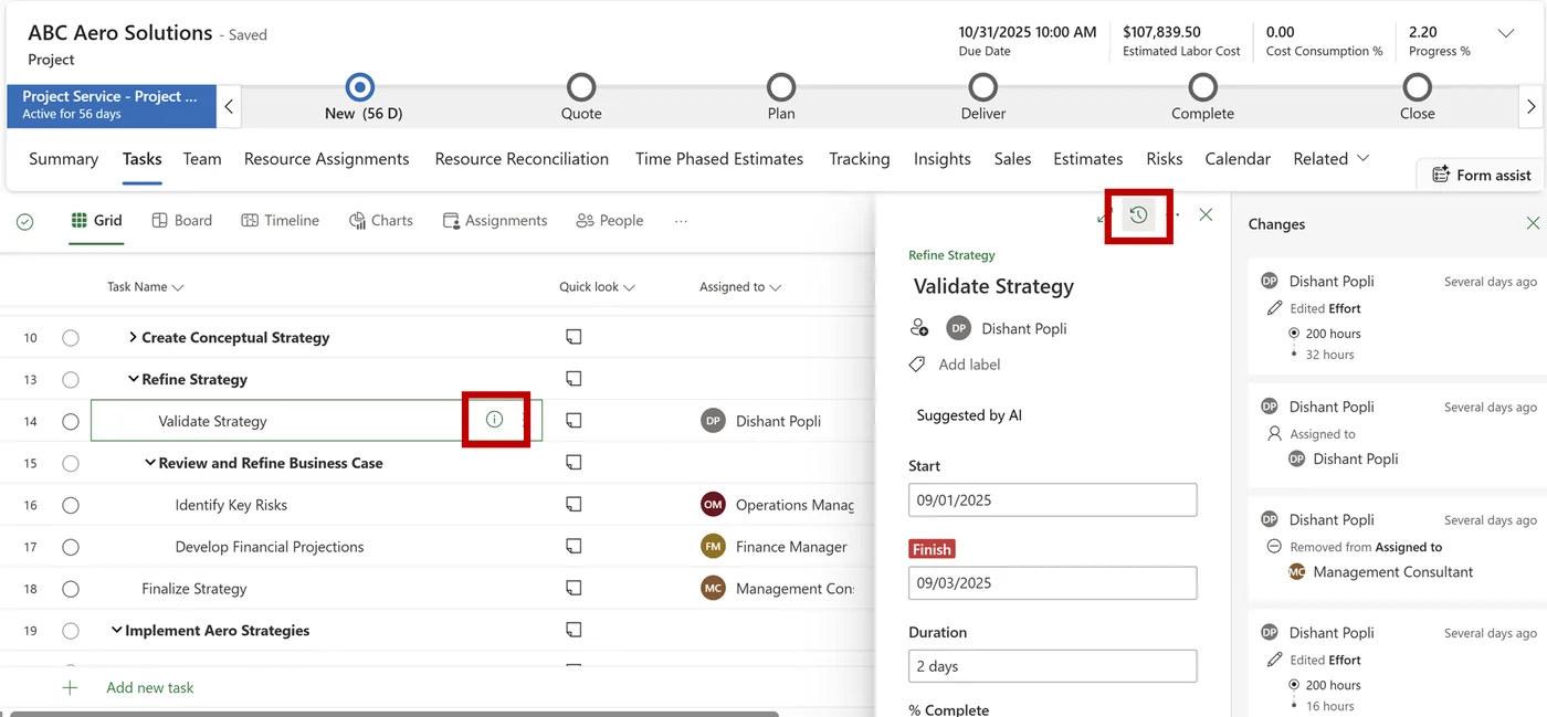 Project tasks in Dynamics 365 Project Operations (product screenshot)