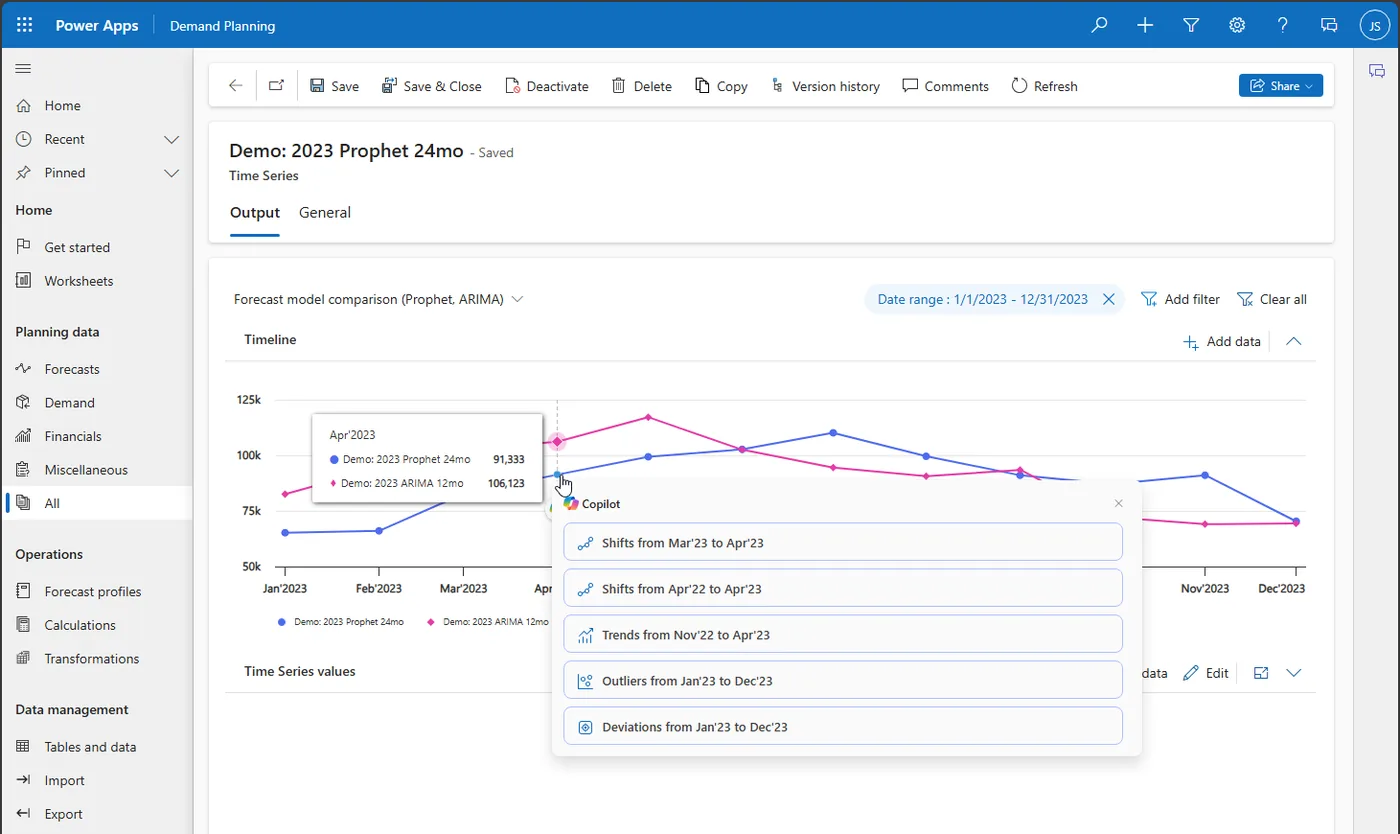 Demand planning with Copilot in Supply Chain Management (product screenshot)