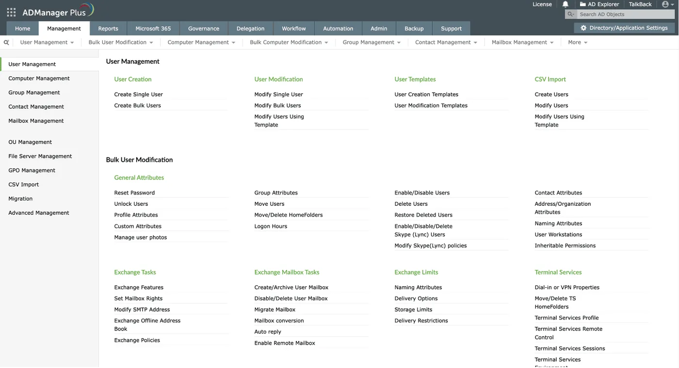Active Directory user management in ADManager Plus (product screenshot)