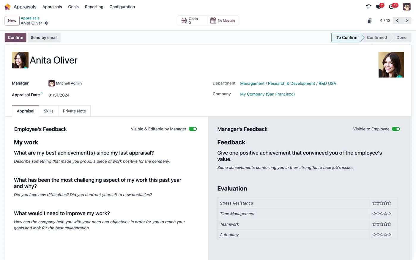 An employee appraisal in Odoo (product screenshot)
