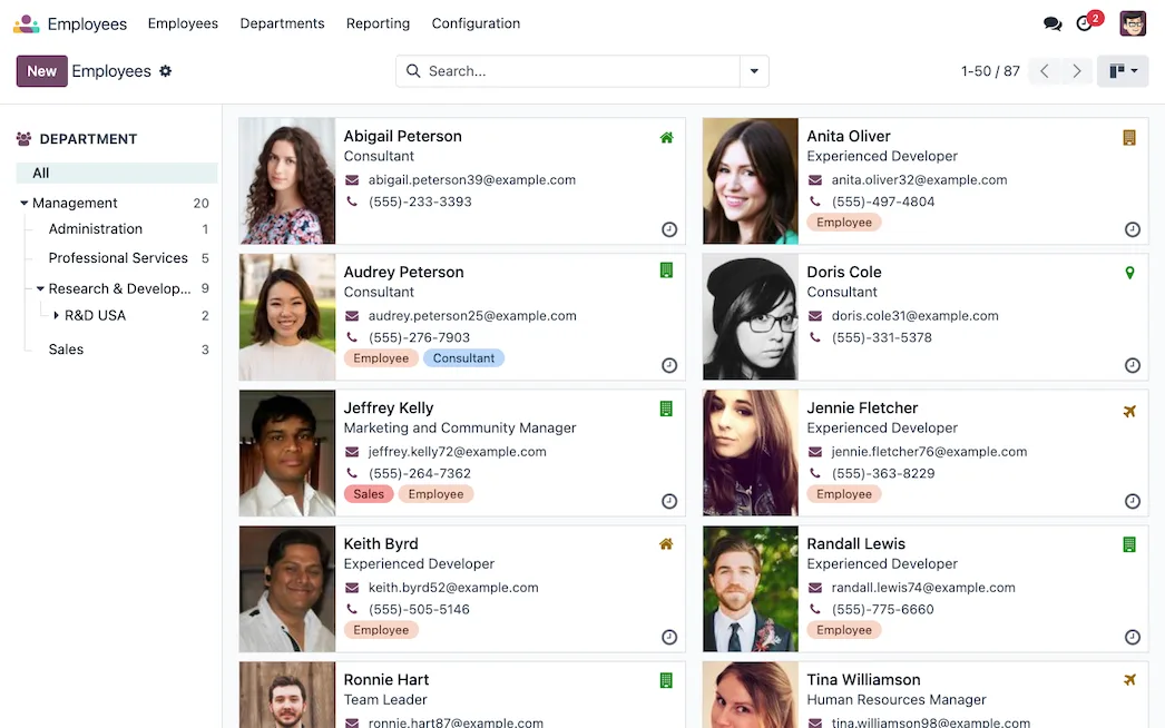The Odoo Employees directory (product screenshot)