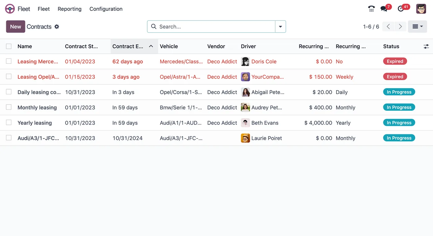 Vehicle contracts in Odoo Fleet (product screenshot)