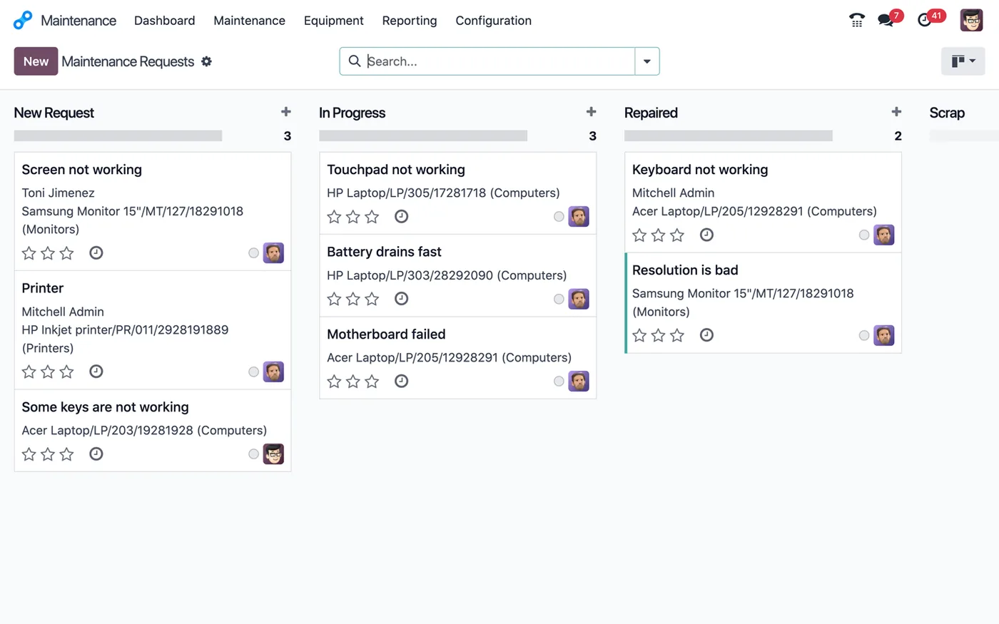 Maintenance requests in Odoo Maintenance (product screenshot)
