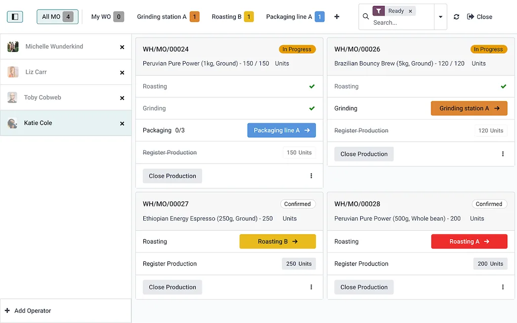 The shop floor view in Odoo Manufacturing