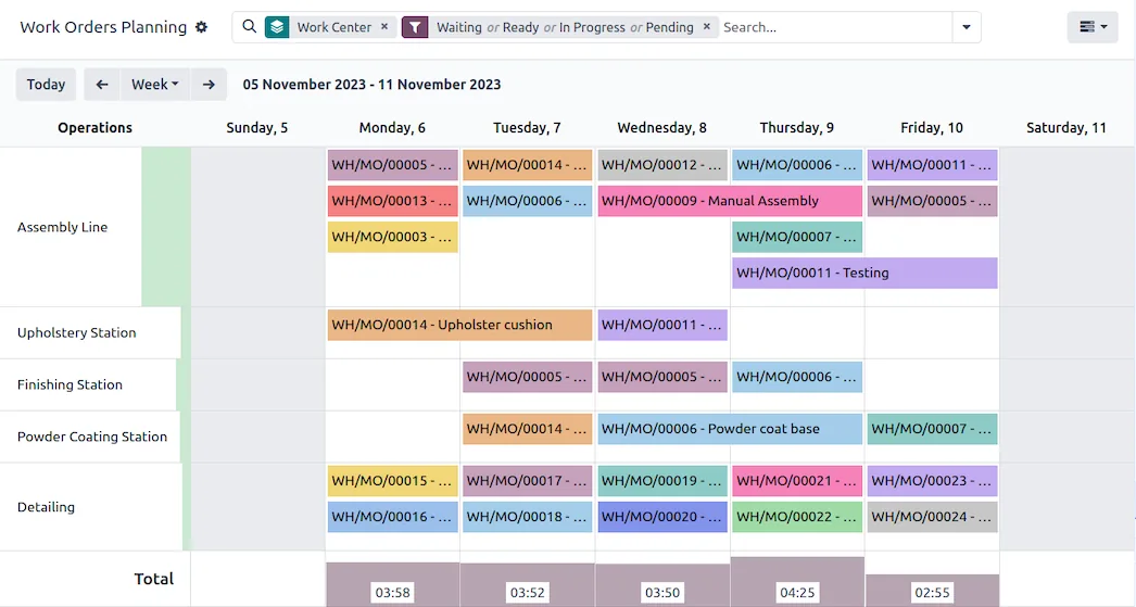 Work order planning in Odoo Manufacturing (product screenshot)