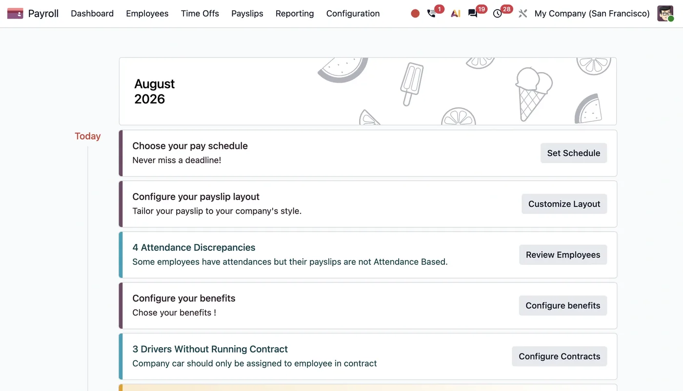 The Odoo Payroll dashboard (product screenshot)