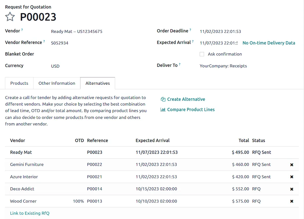 Comparing vendor quotes in Odoo Purchase (product screenshot)