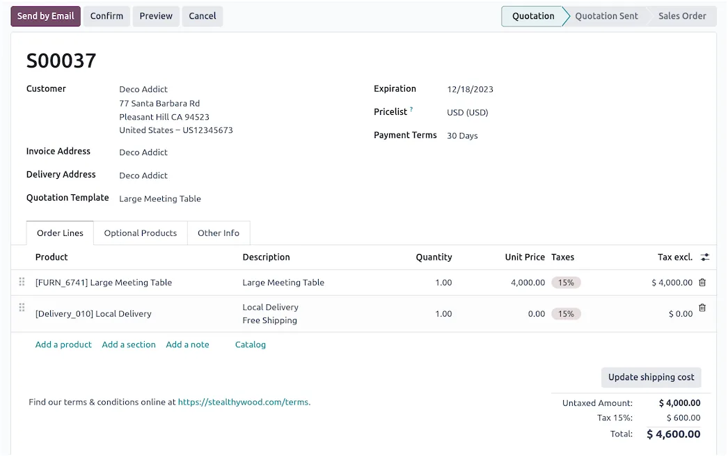 A sales quotation in Odoo Sales (product screenshot)