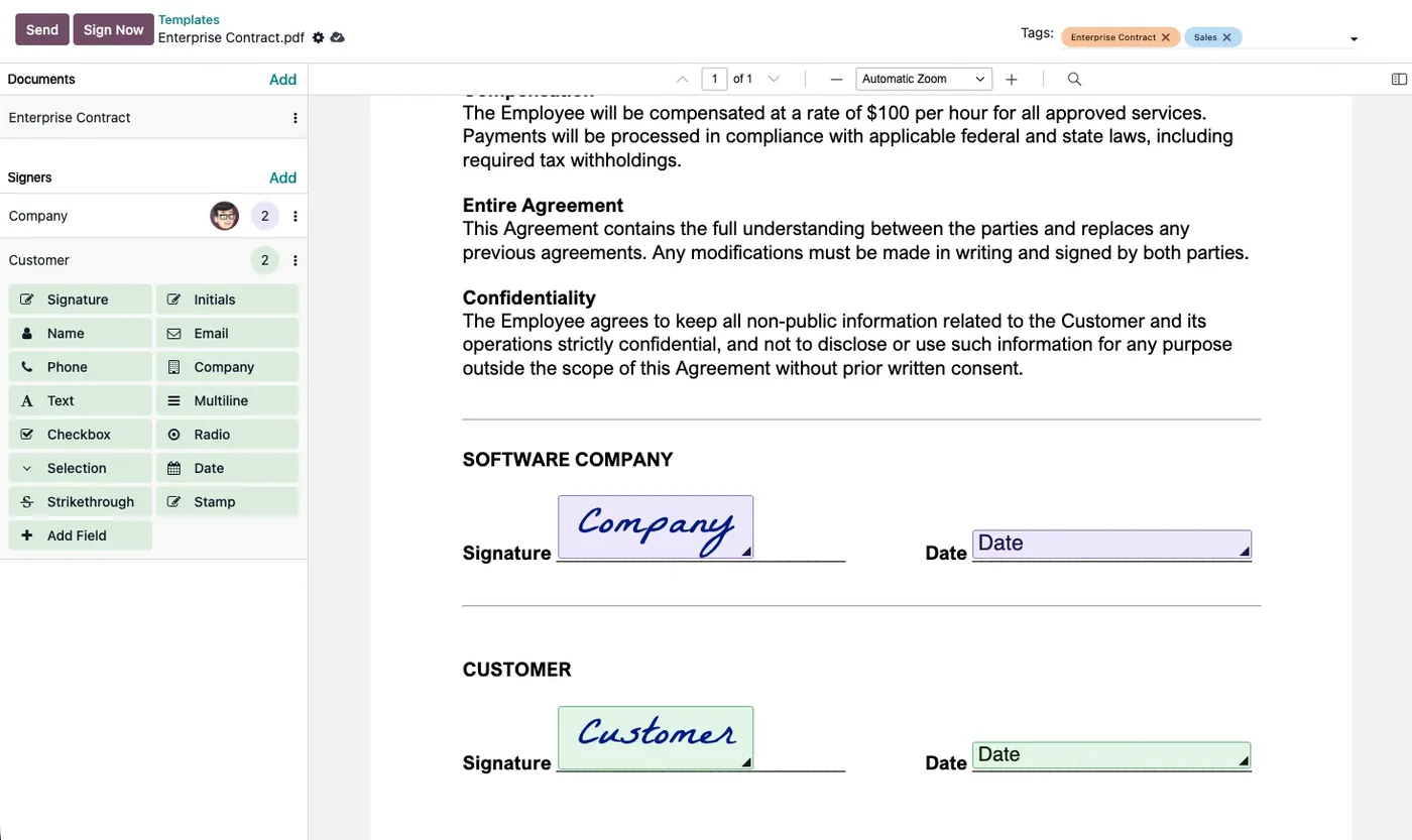 Preparing a contract in Odoo Sign (product screenshot)