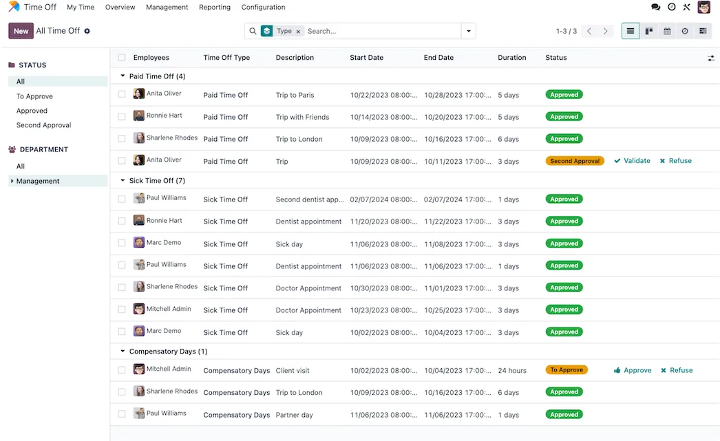 Time off requests in Odoo (product screenshot)