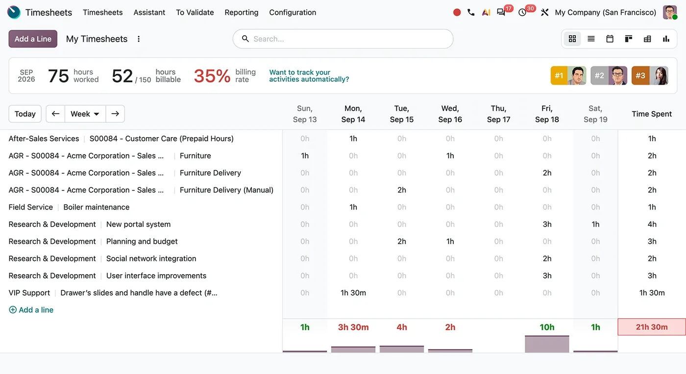 Weekly timesheets in Odoo Timesheets (product screenshot)