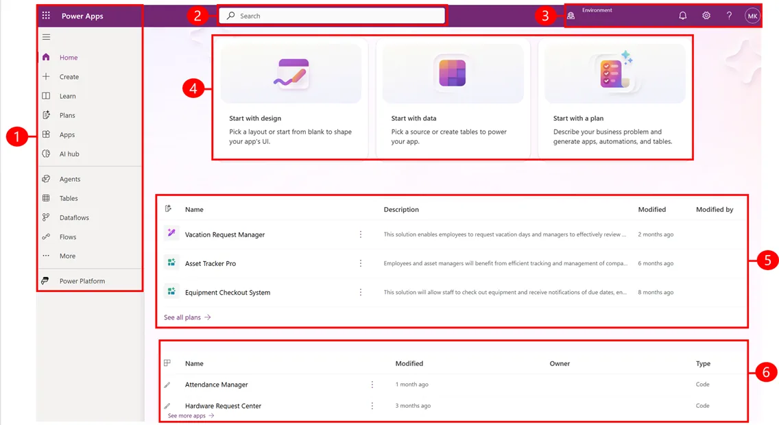 The Power Apps maker portal home (product screenshot)
