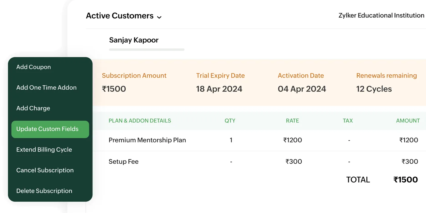 A customer subscription in Zoho Billing