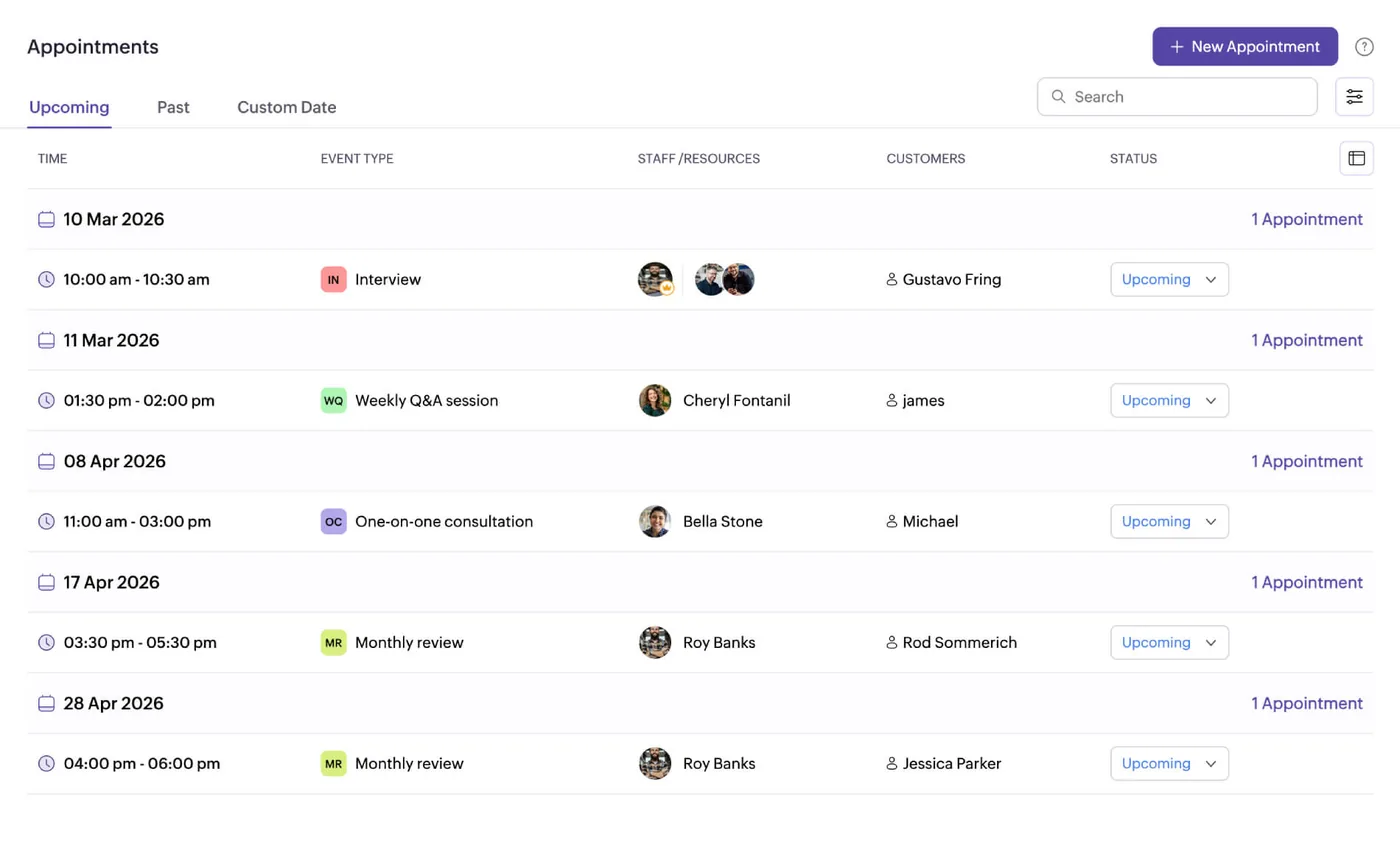 Upcoming appointments in Zoho Bookings