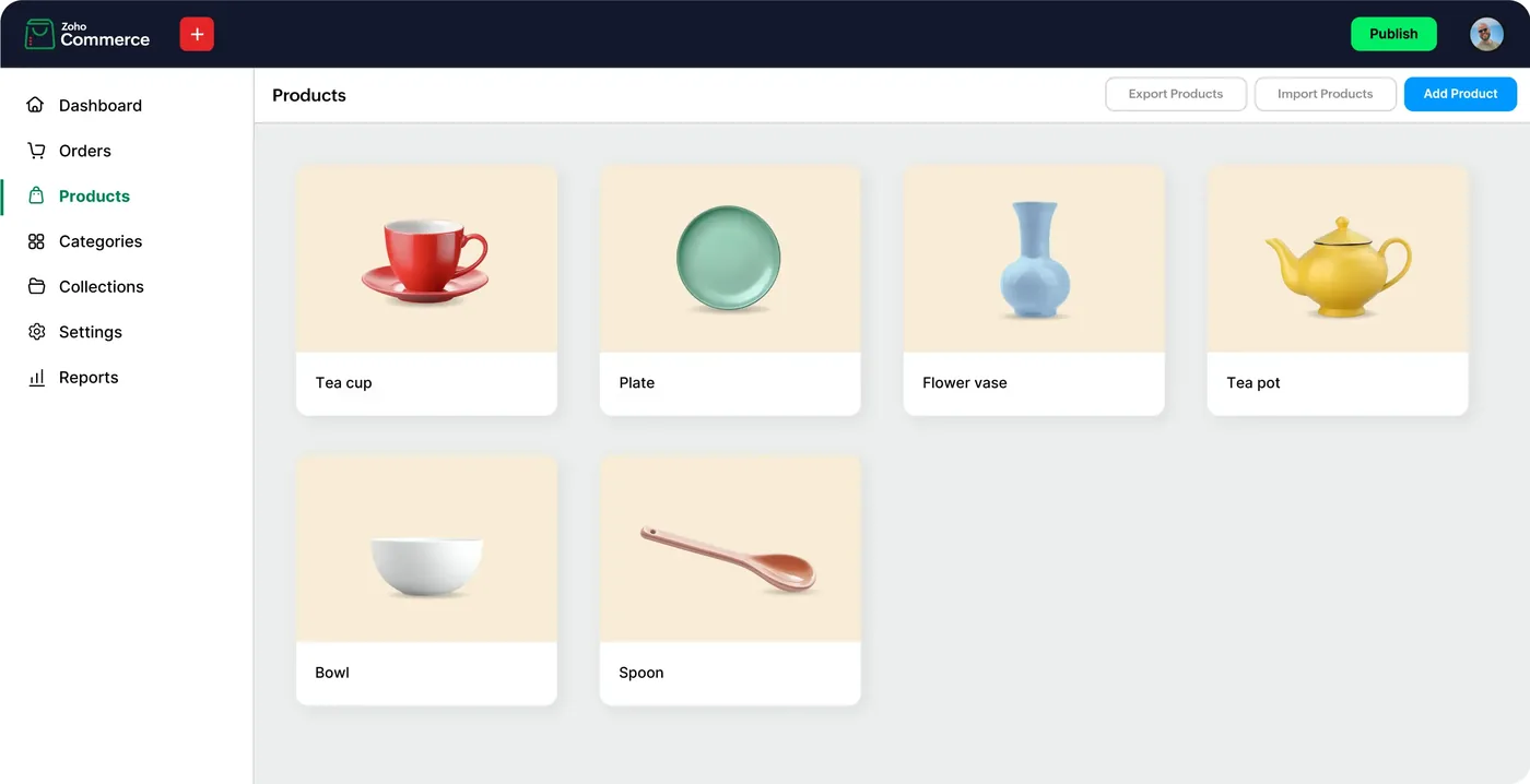 The product catalogue in Zoho Commerce