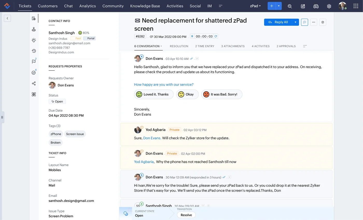 Zoho Desk ticket view with AI sentiment and suggested replies for support agents