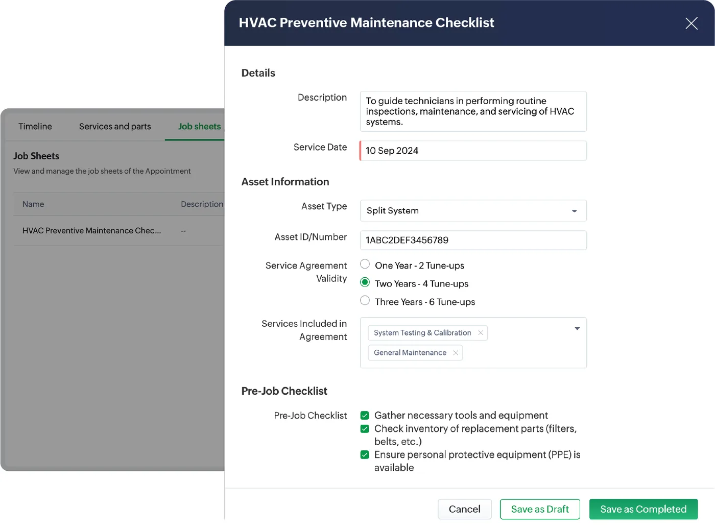 A maintenance job sheet in Zoho FSM