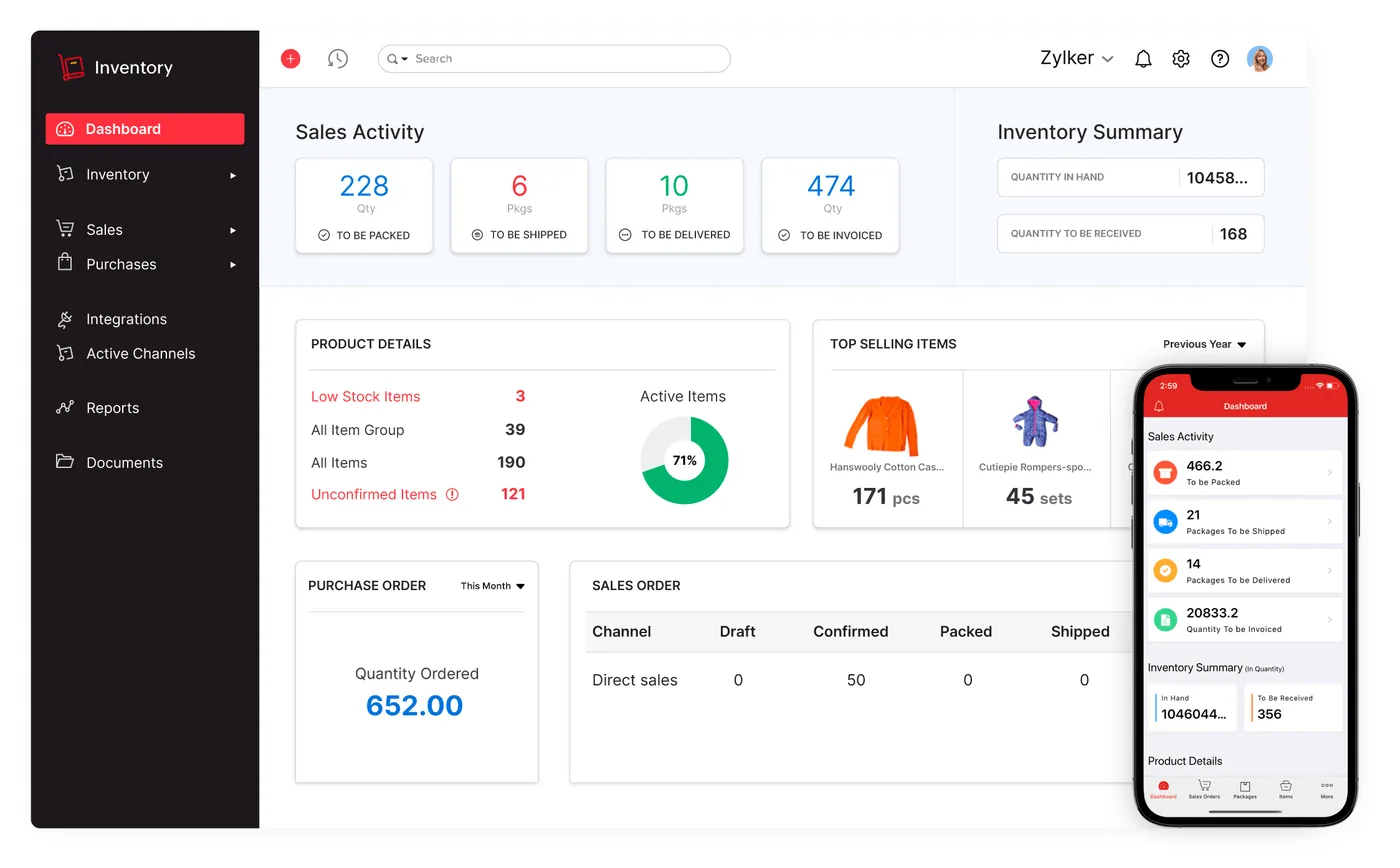 The Zoho Inventory dashboard (product screenshot)
