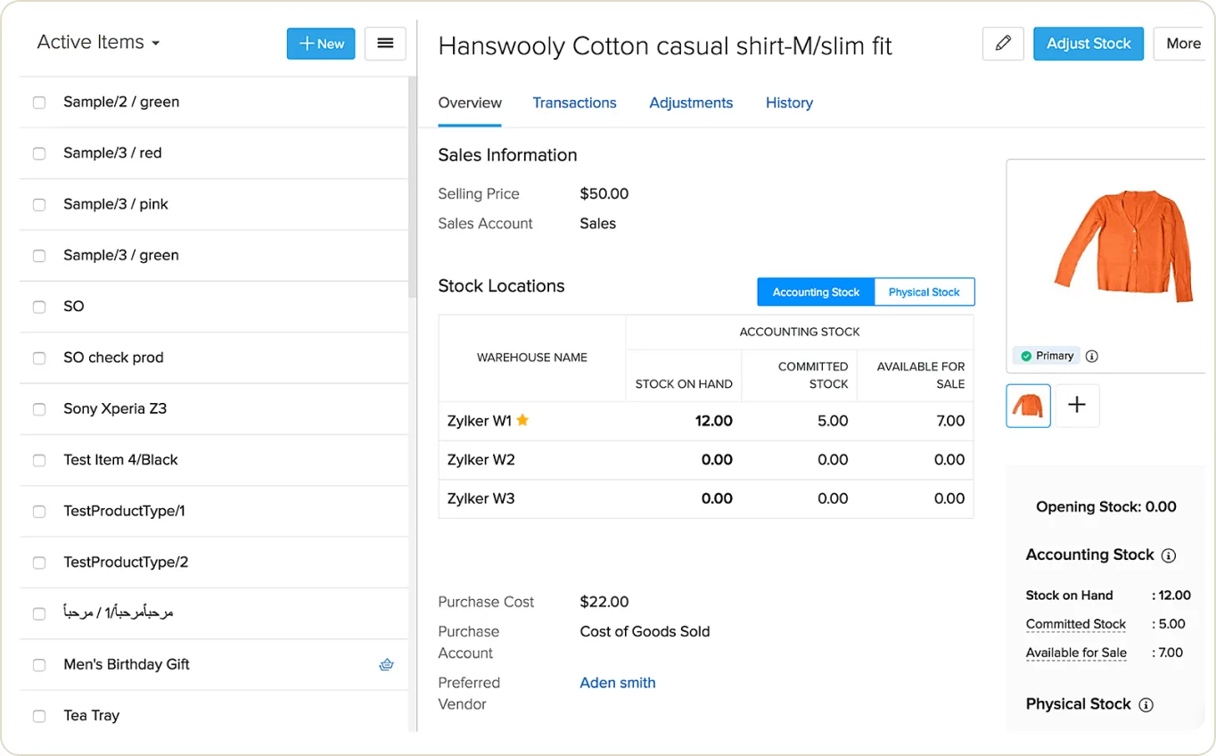 Item stock by warehouse in Zoho Inventory (product screenshot)