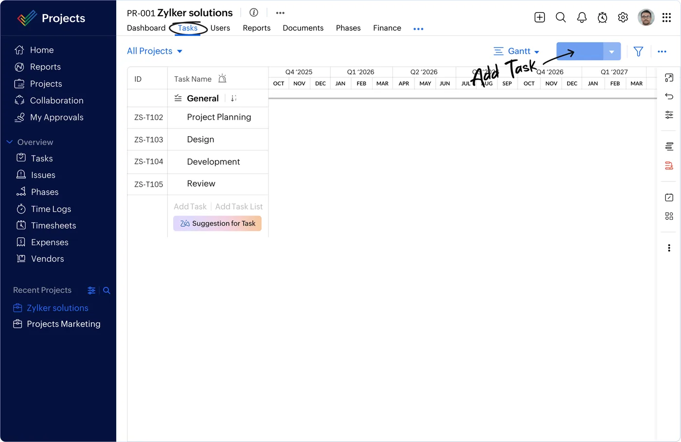 Task planning in Zoho Projects (product screenshot)