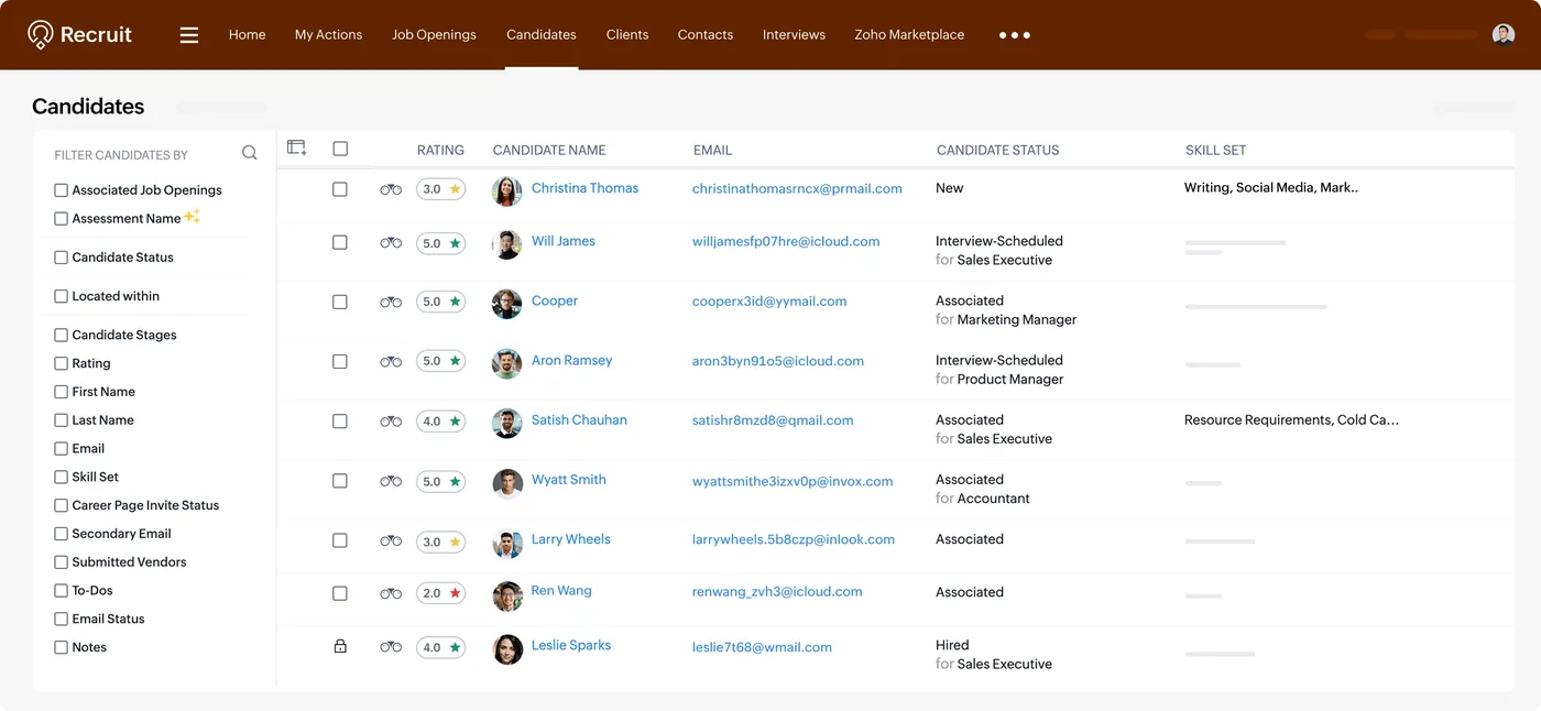 The candidate list in Zoho Recruit (product screenshot)