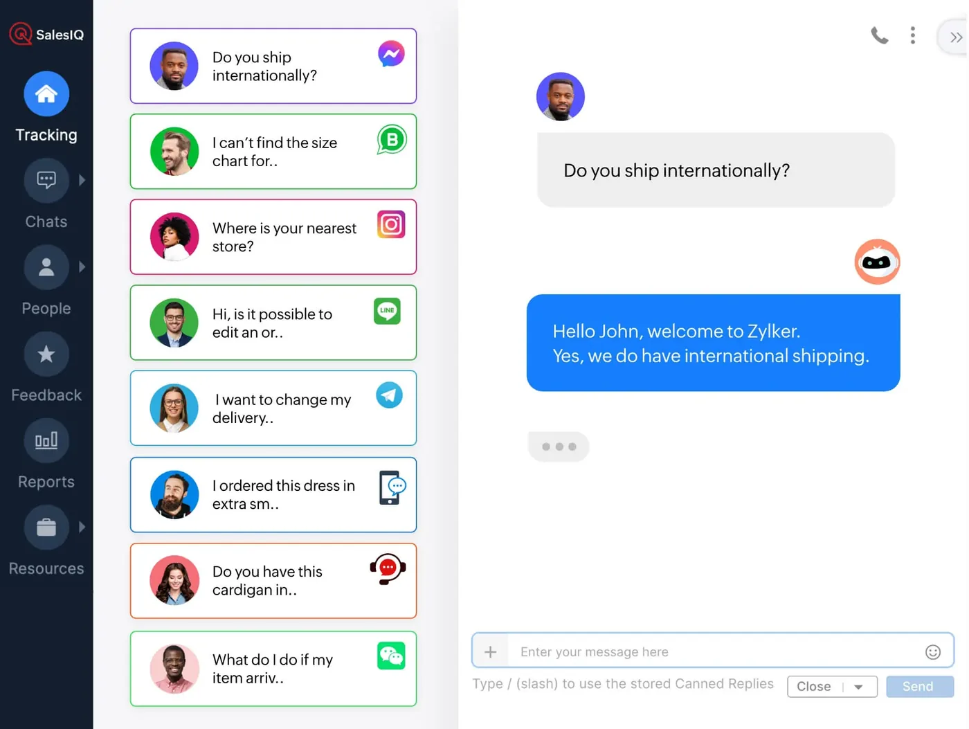 Zoho SalesIQ omnichannel chat inbox where an AI assistant answers web and WhatsApp visitors