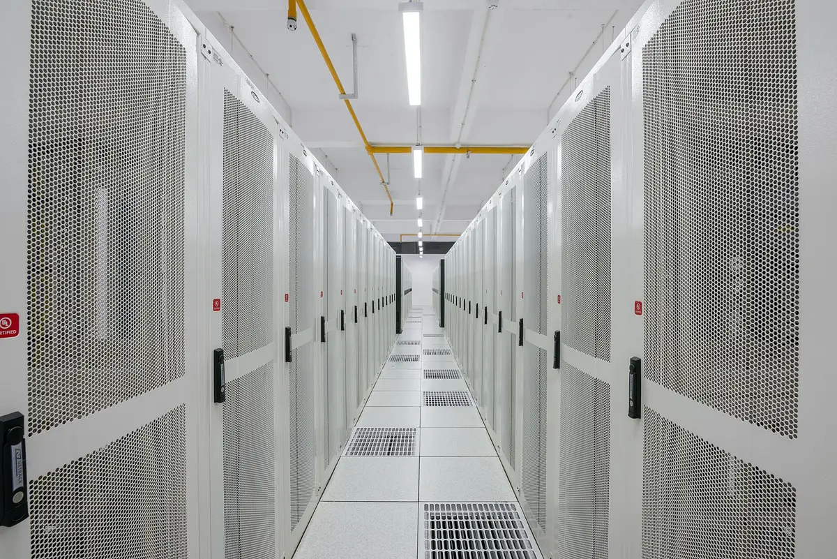 Server racks along a data-centre aisle