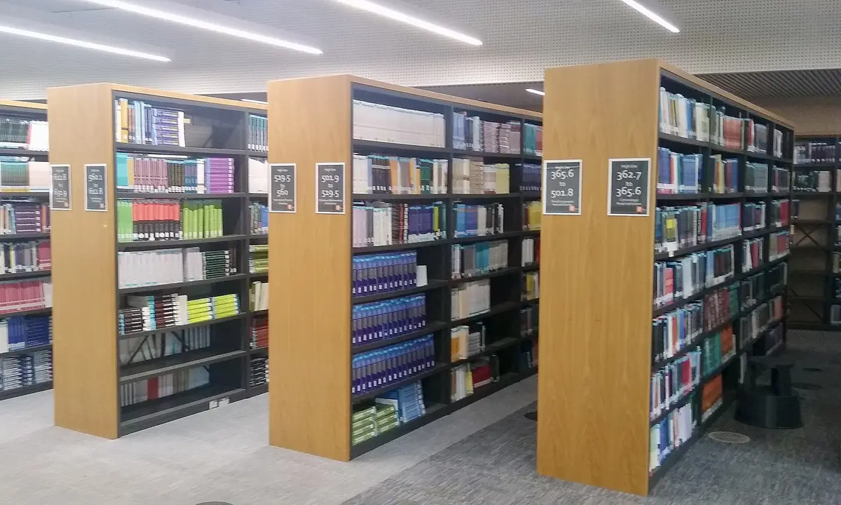 Bookshelves in a library